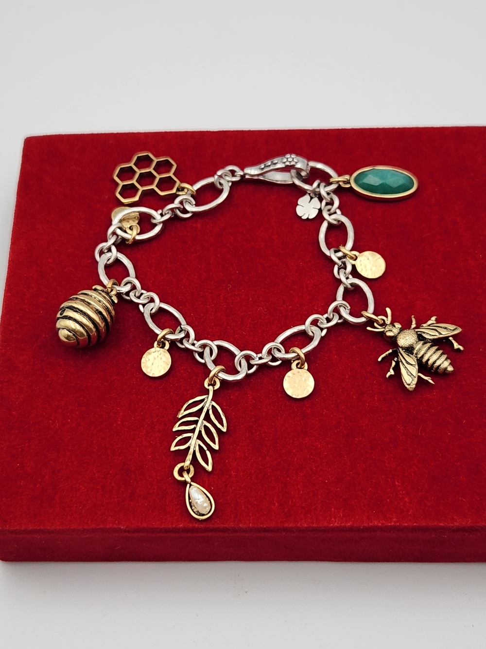 Gold & Silver Tone  Bee Charm Bracelet with Green Stone